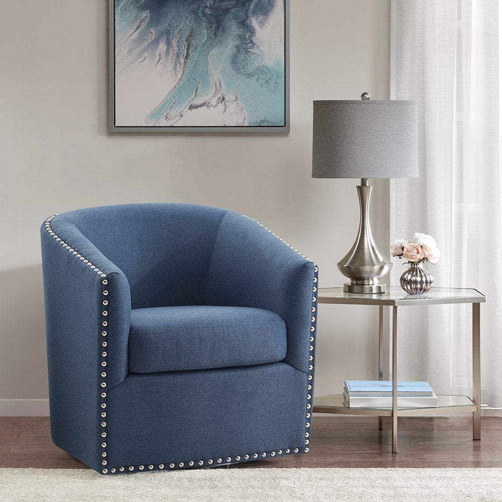 Madison Park Tyler Upholstered Swivel Barrel Chair with Nailheads