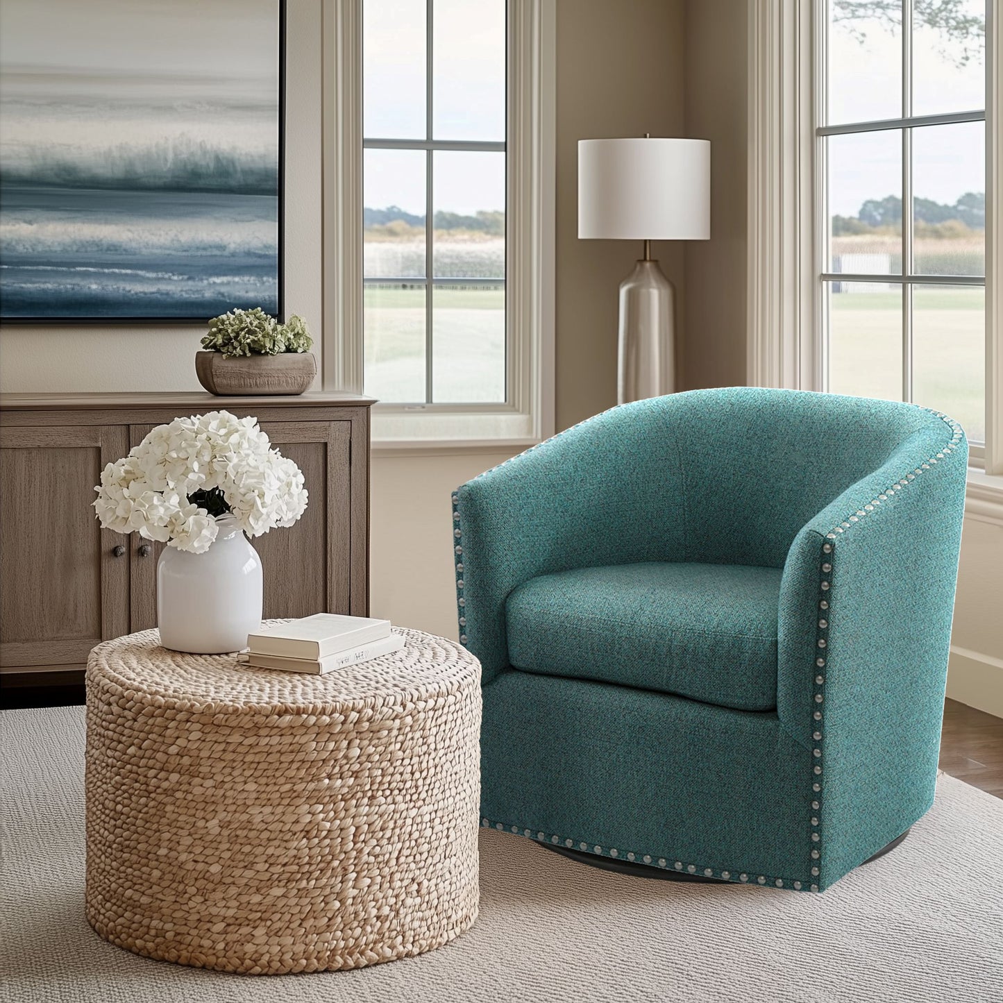 Madison Park Tyler Upholstered Swivel Barrel Chair with Nailheads