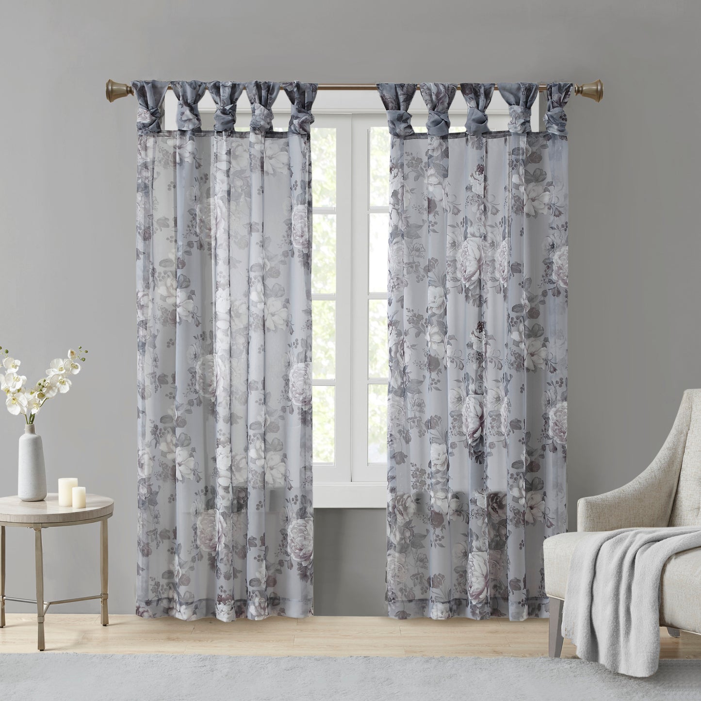 Madison Park Printed Floral Twist Tab Top Voile Sheer Curtain