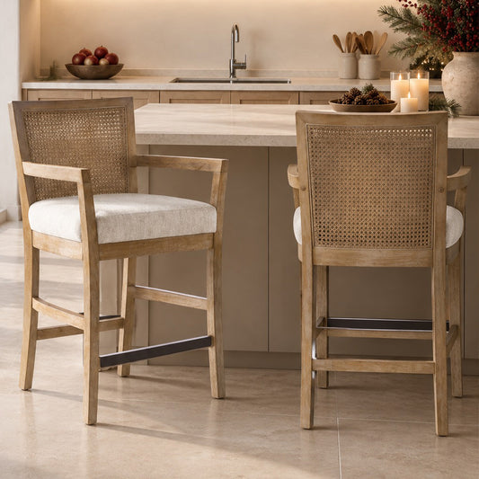 Diedra Reclaimed Wood Counter Stool with Natural Rattan Back and Upholstered Seat
