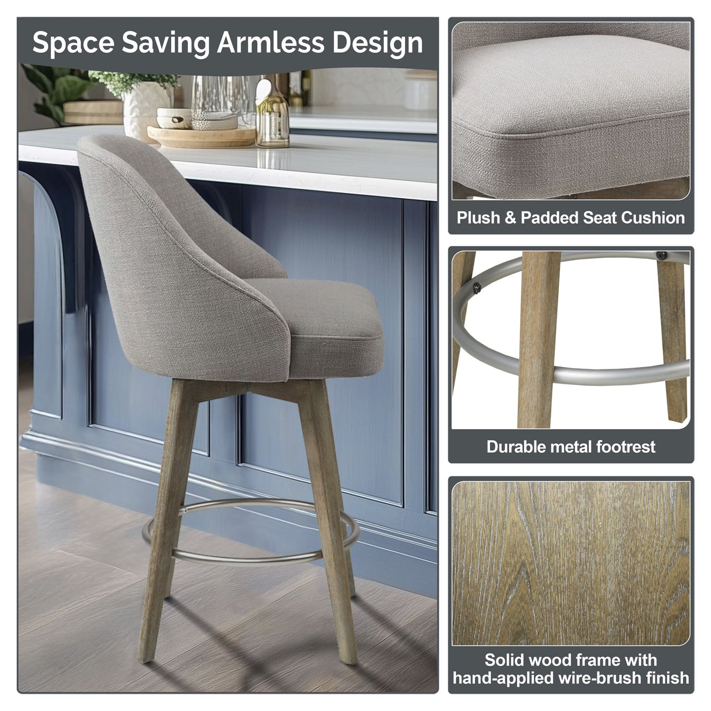Madison Park Pearce Swivel Upholstered Counter Stool with Solid Wood Legs & Metal Footrest