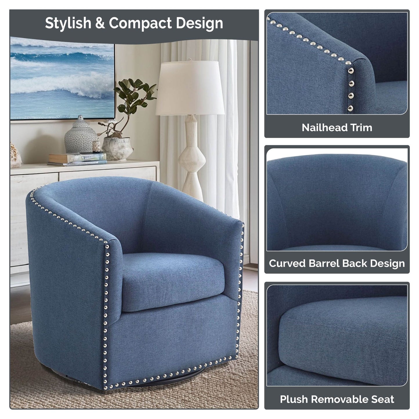 Madison Park Tyler Upholstered Swivel Barrel Chair with Nailheads