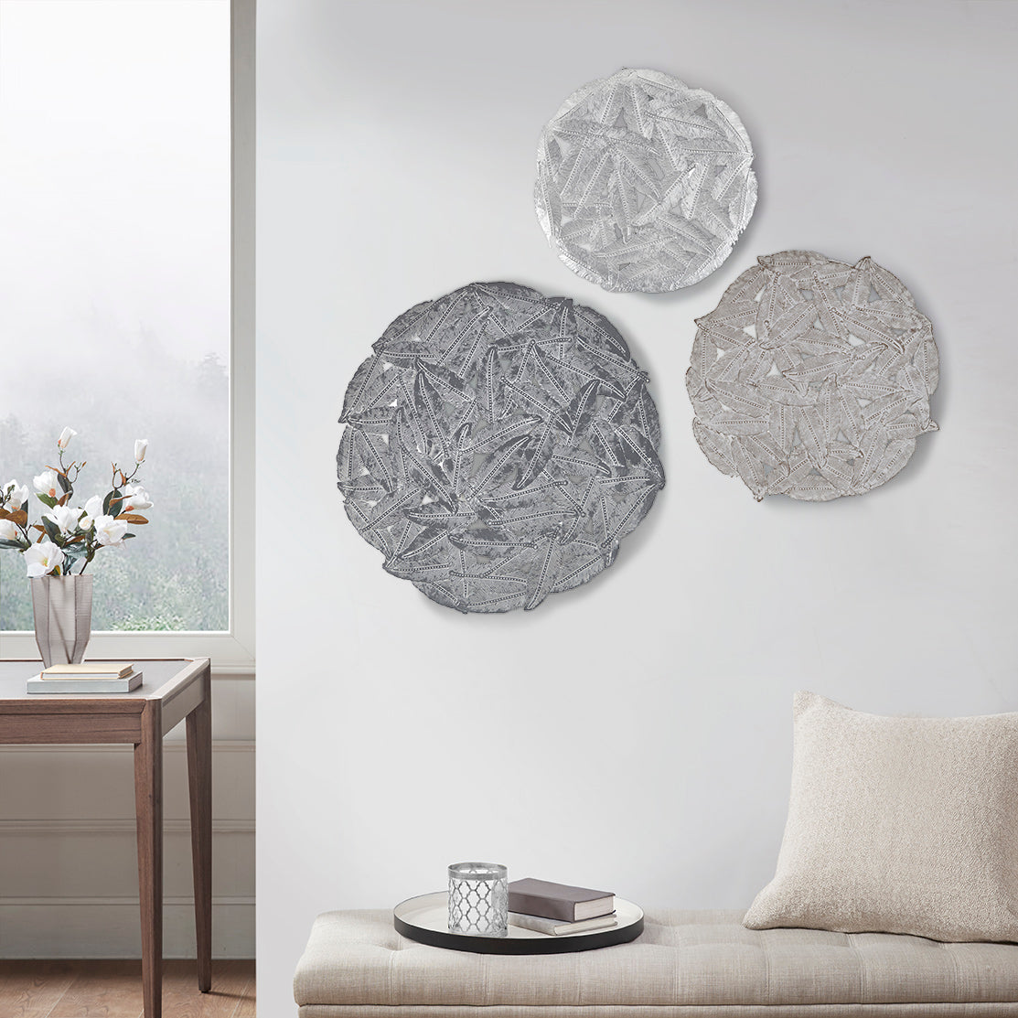 Madison Park Textured Feather 3-piece Metal Disc Wall Decor Set