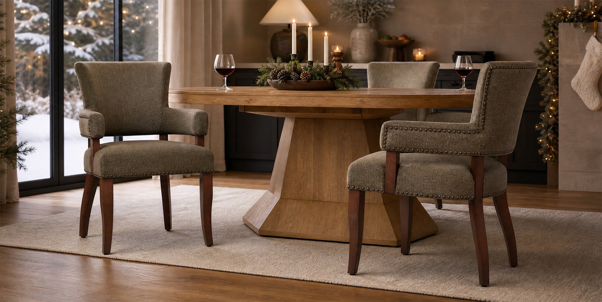 Madison Park Dawson upholstered dining chairs. Bring family together in style around the table, with padded arms, nailhead trim, and timeless comfort for holiday gatherings and everyday meals alike. Explore Furniture.