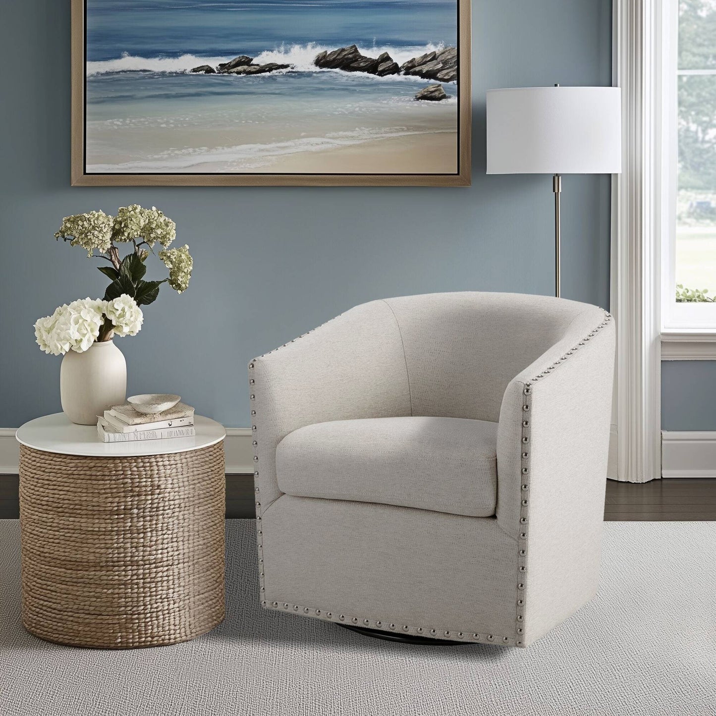 Madison Park Tyler Upholstered Swivel Barrel Chair with Nailheads