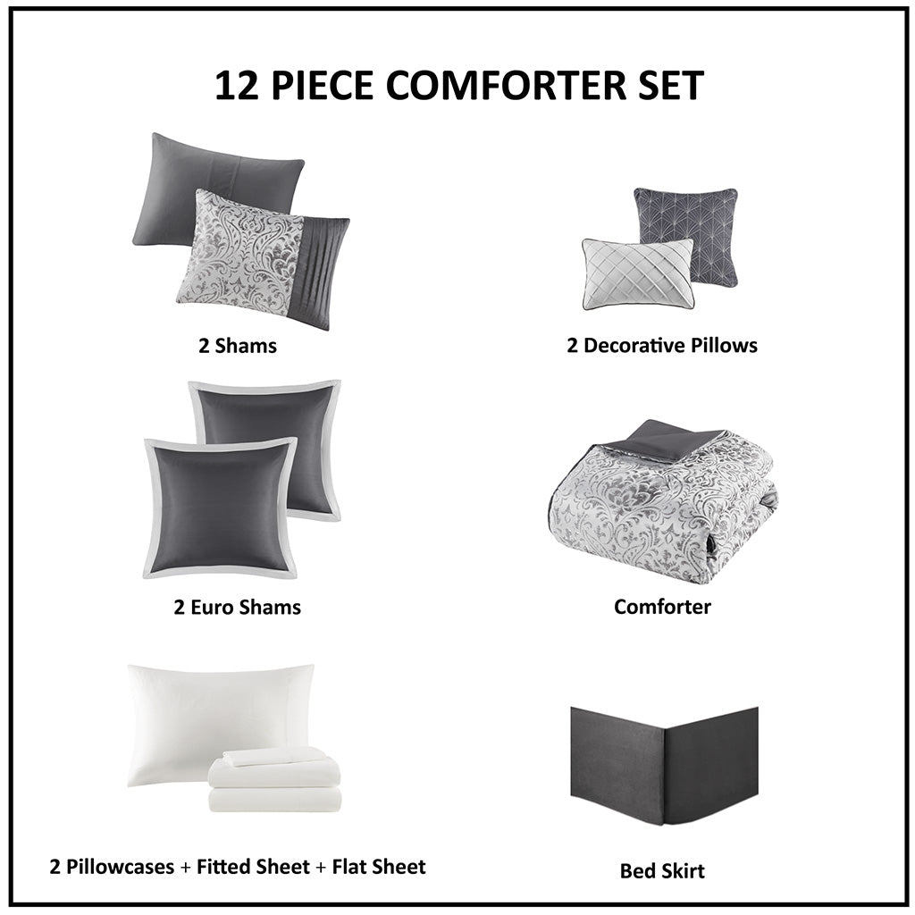 Madison Park 12 Piece Jacquard Comforter Set with Bed Sheets