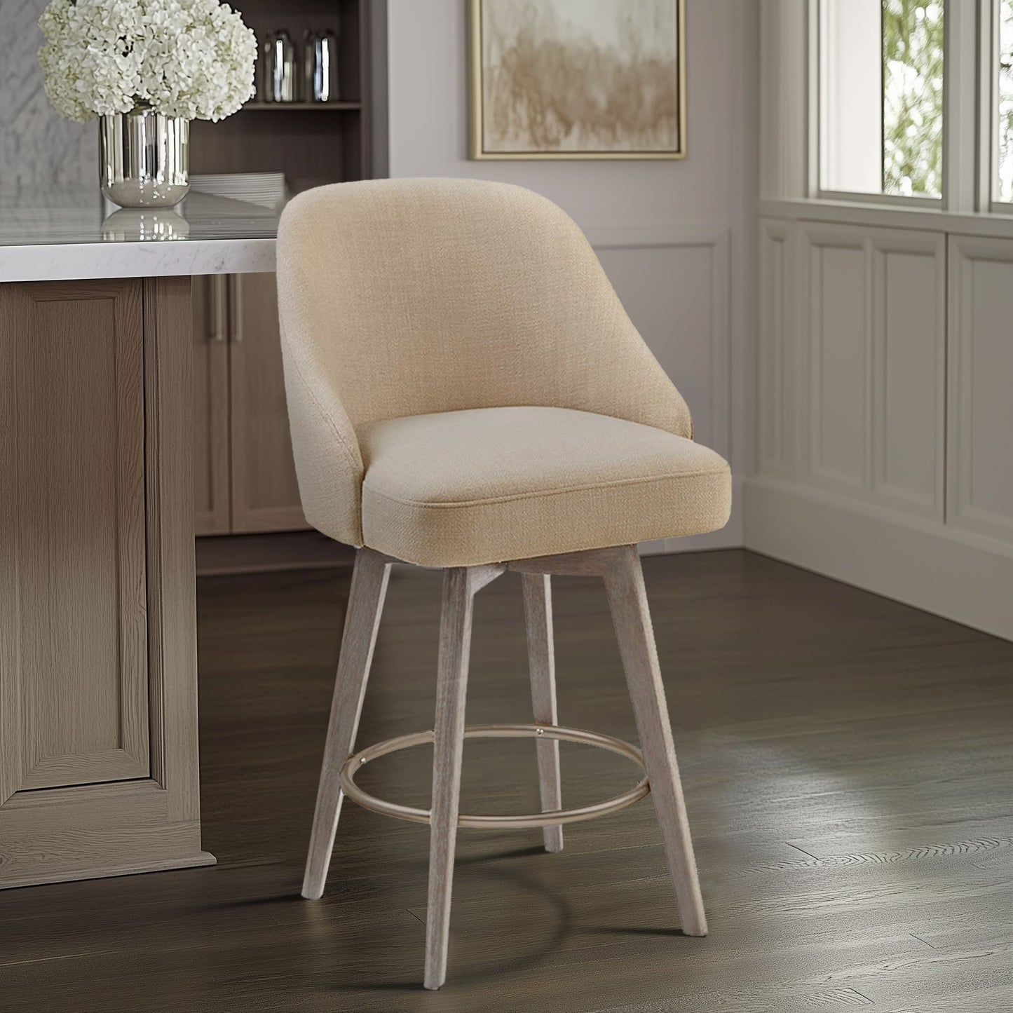 Madison Park Pearce Swivel Upholstered Counter Stool with Solid Wood Legs & Metal Footrest