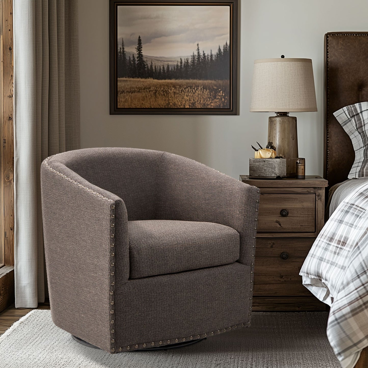 Madison Park Tyler Upholstered Swivel Barrel Chair with Nailheads