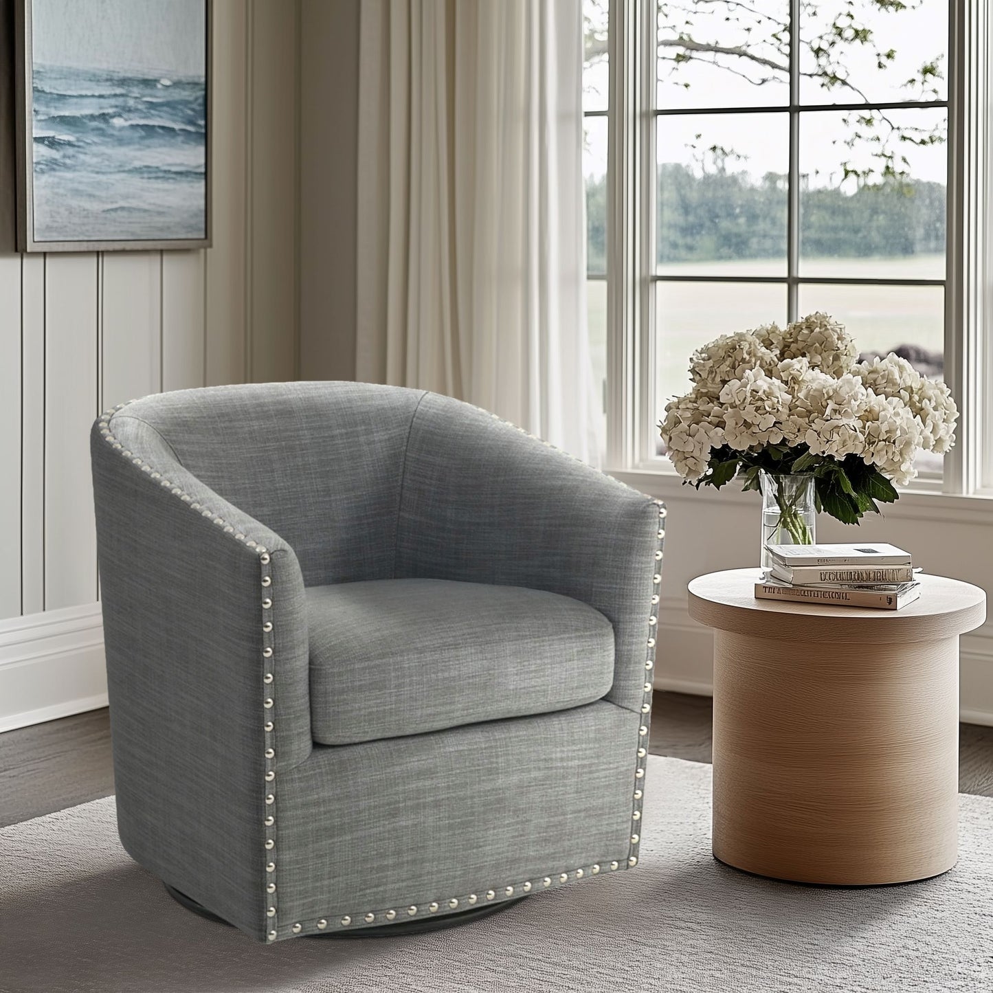 Madison Park Tyler Upholstered Swivel Barrel Chair with Nailheads