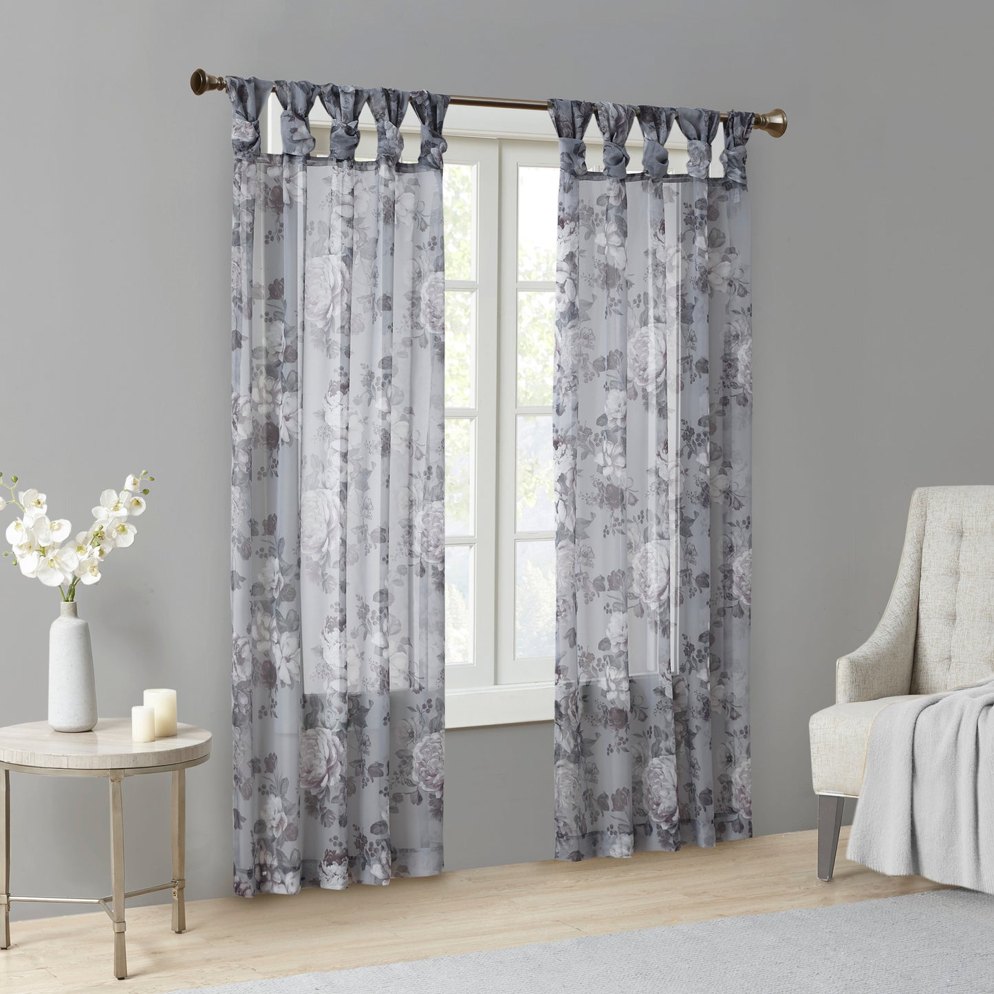 Madison Park Printed Floral Twist Tab Top Voile Sheer Curtain