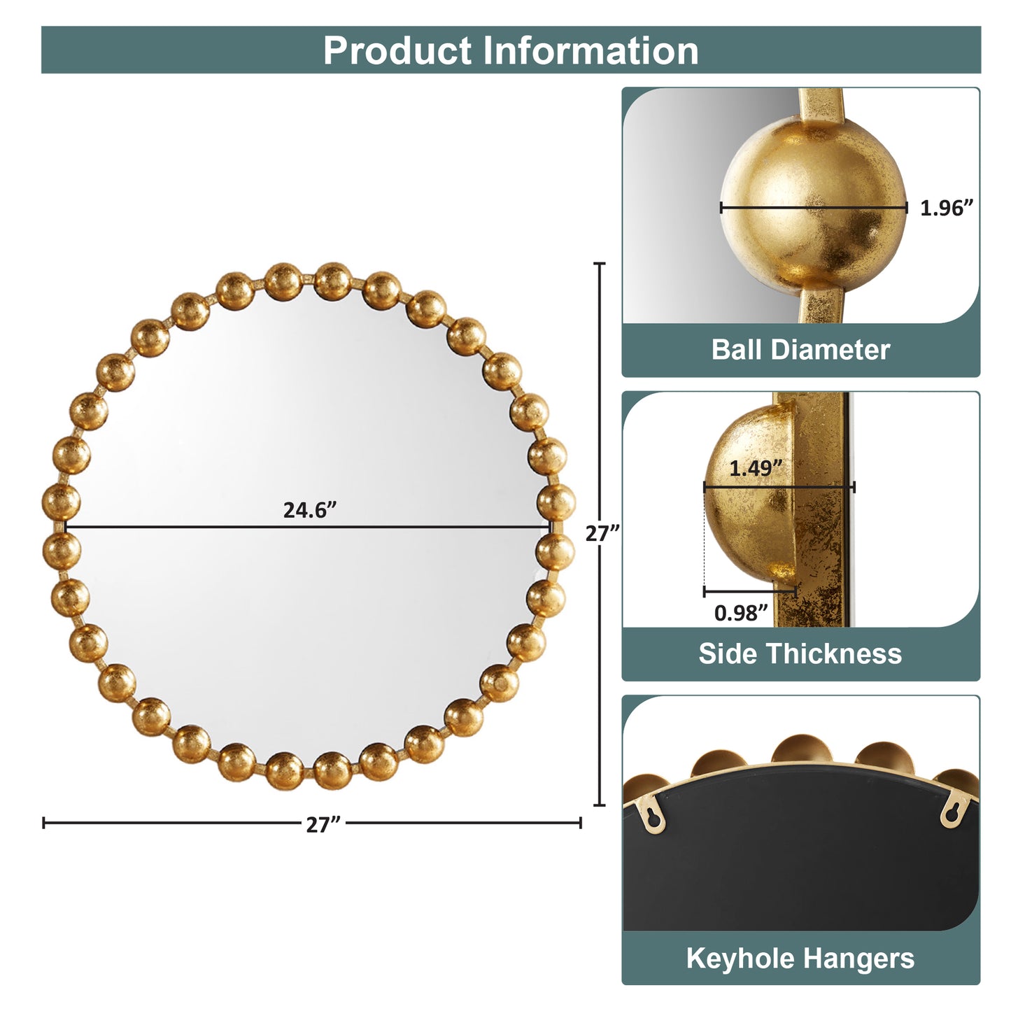 Madison Park Signature 27" Medium Decorative Round Wall Mirror with Beaded Metal Frame