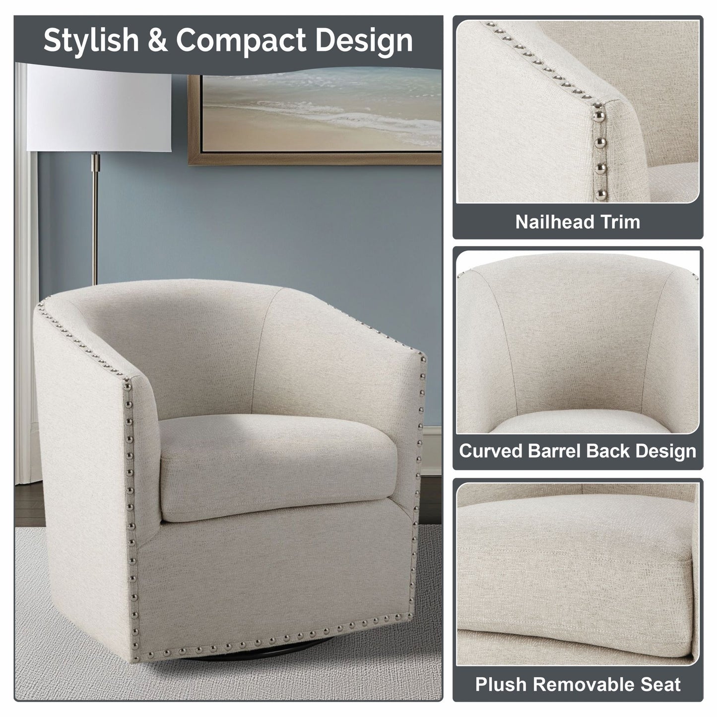 Madison Park Tyler Upholstered Swivel Barrel Chair with Nailheads
