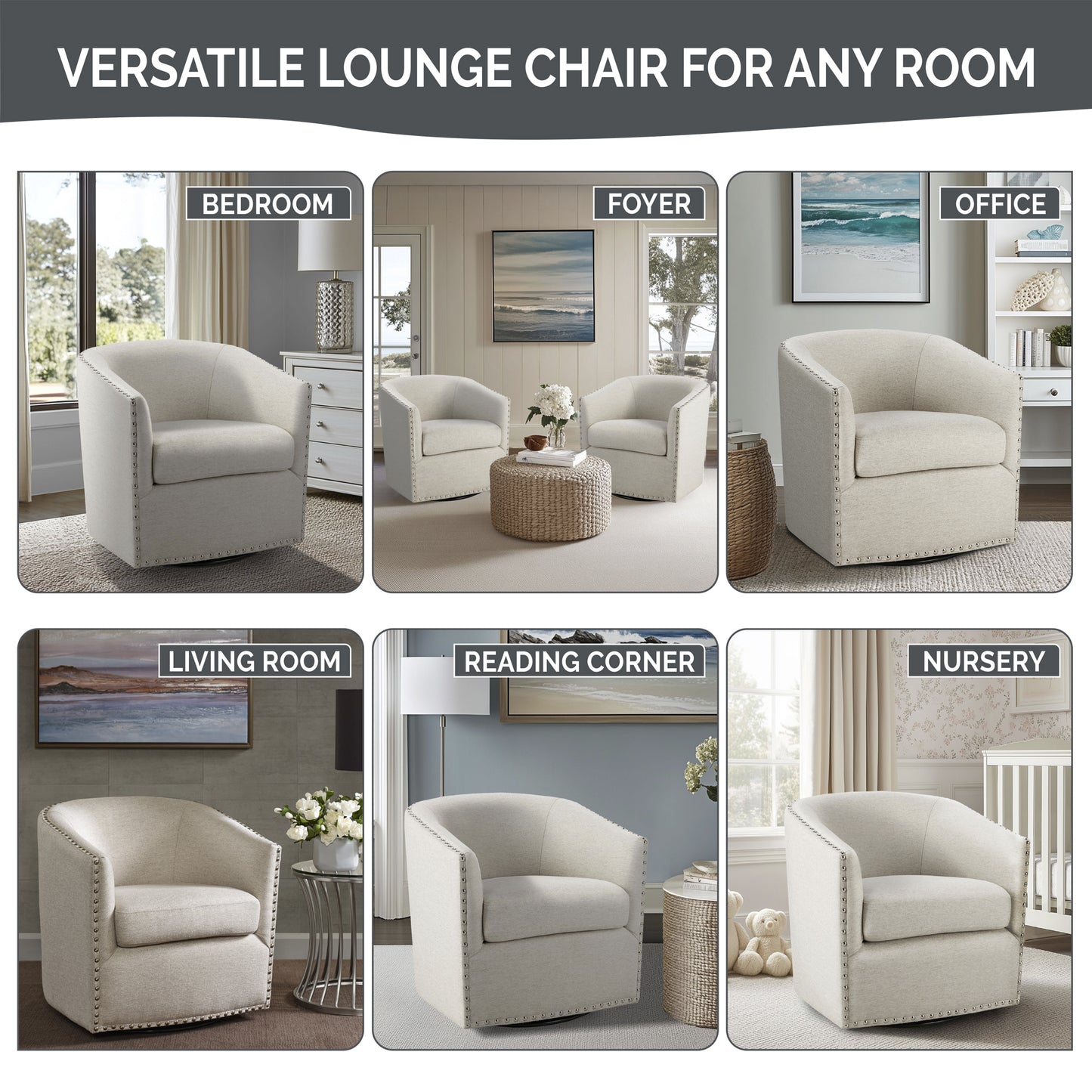 Madison Park Tyler Upholstered Swivel Barrel Chair with Nailheads