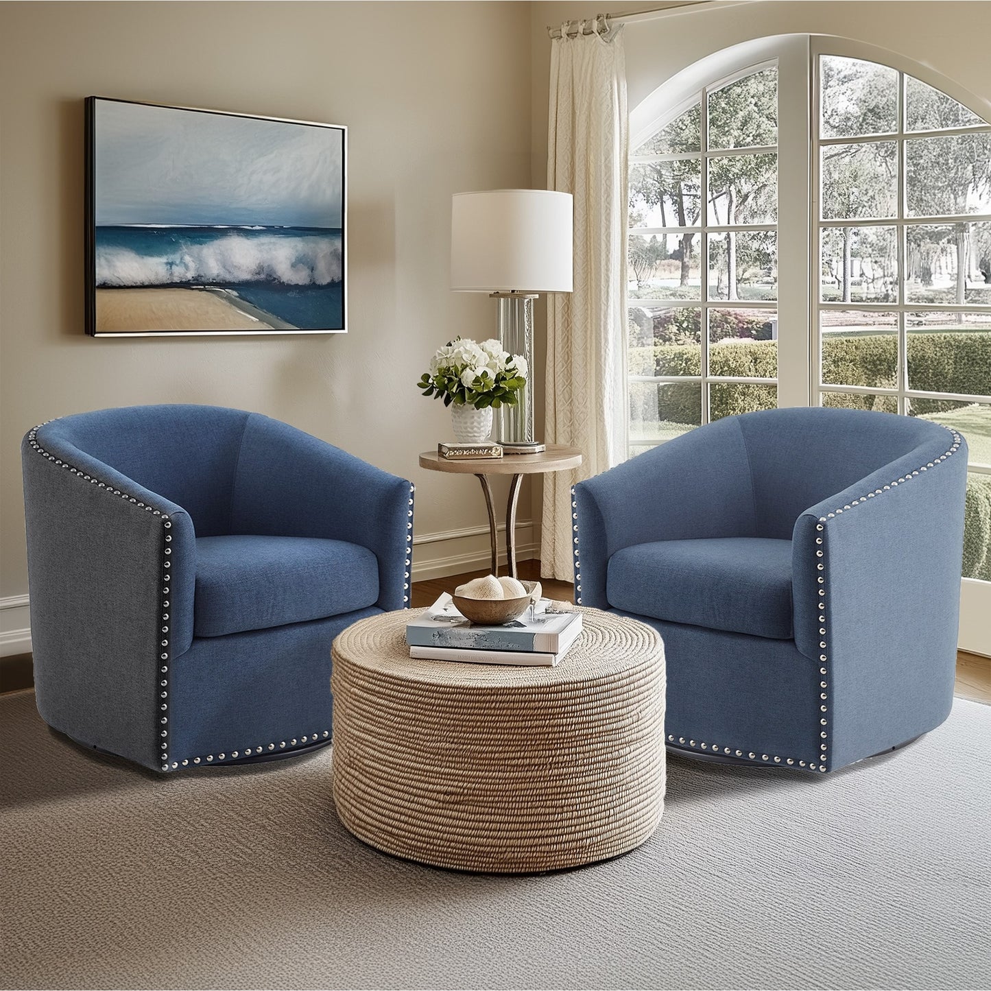 Madison Park Tyler Upholstered Swivel Barrel Chair with Nailheads