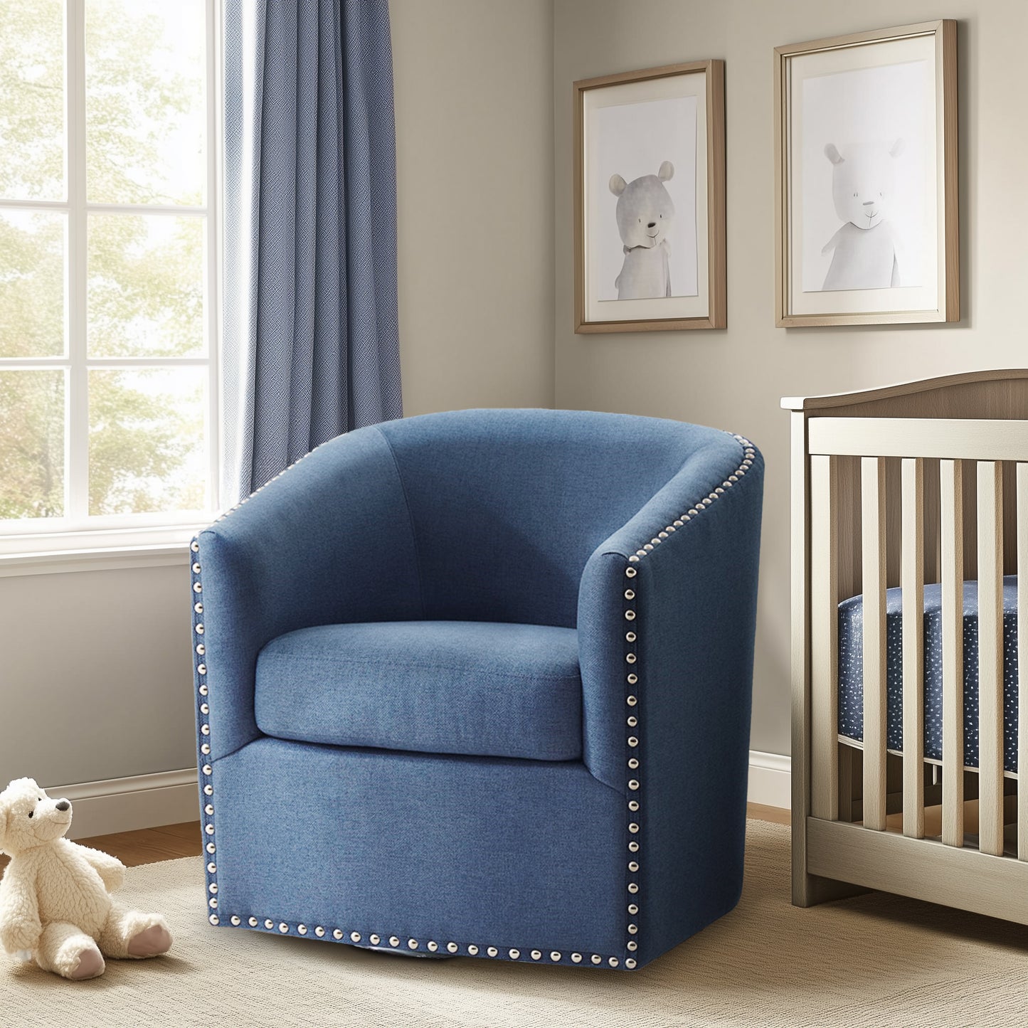 Madison Park Tyler Upholstered Swivel Barrel Chair with Nailheads