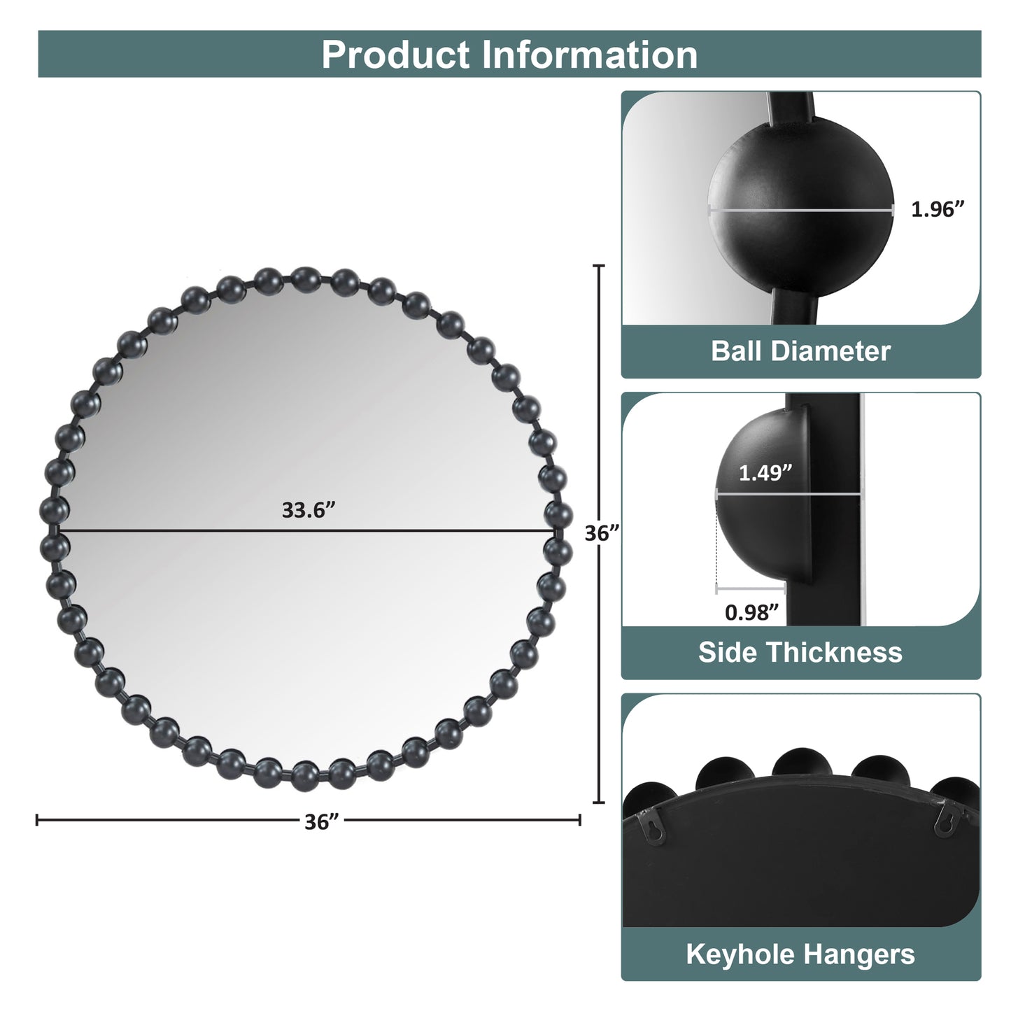 Madison Park Signature 36" Large Decorative Round Wall Mirror with Beaded Metal Frame