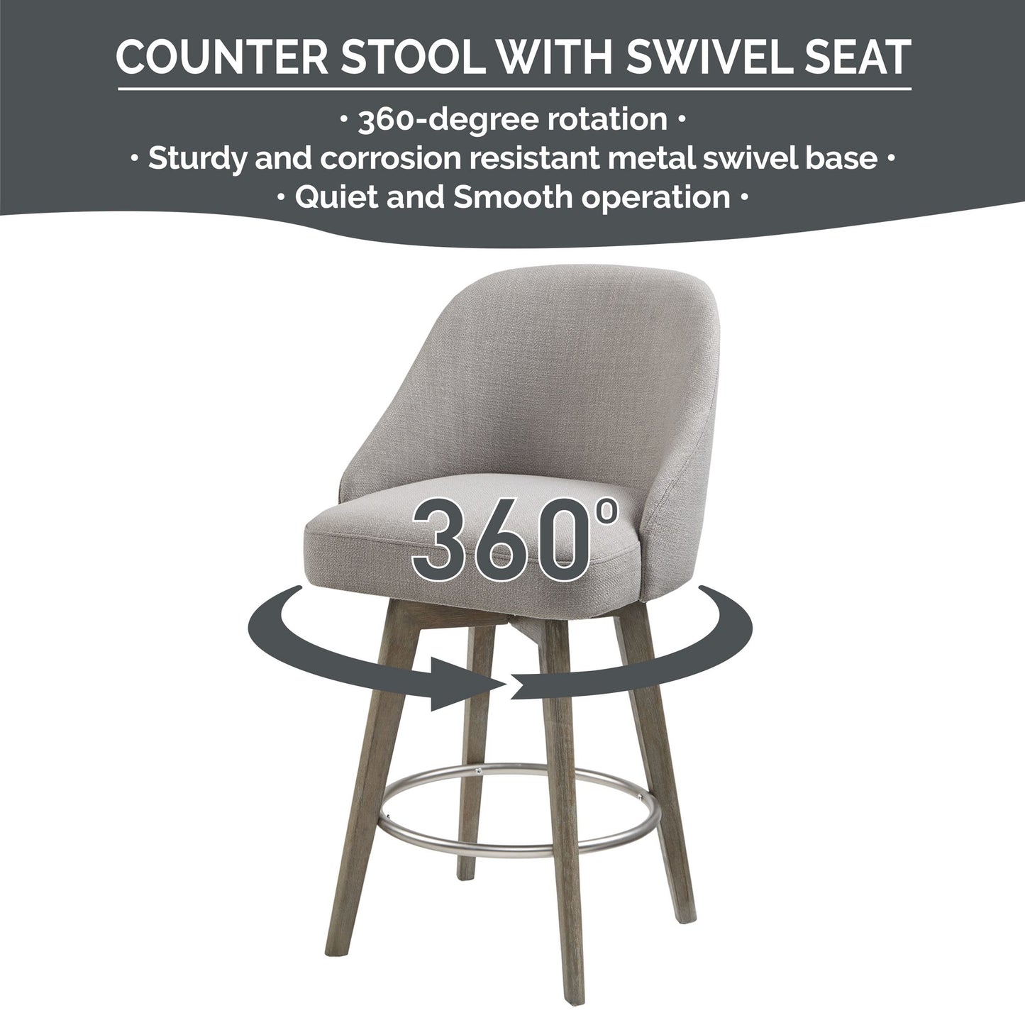 Madison Park Pearce Swivel Upholstered Counter Stool with Solid Wood Legs & Metal Footrest