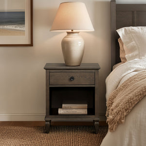 Victoria one-drawer wood nightstand with shelf