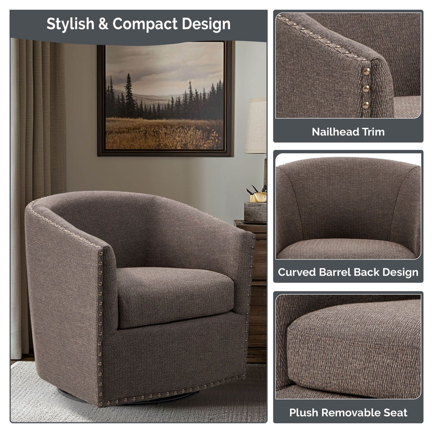 Madison Park Tyler Upholstered Swivel Barrel Chair with Nailheads
