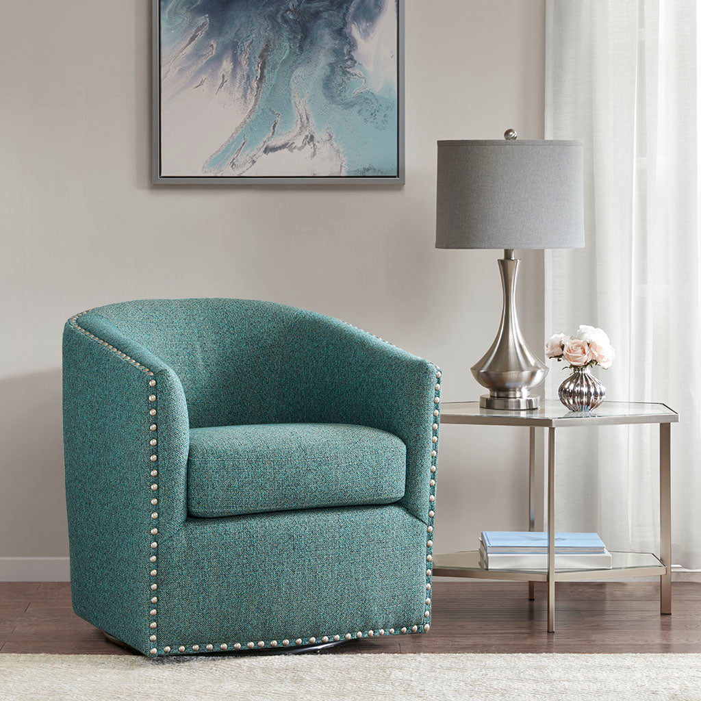 Madison Park Tyler Upholstered Swivel Barrel Chair with Nailheads
