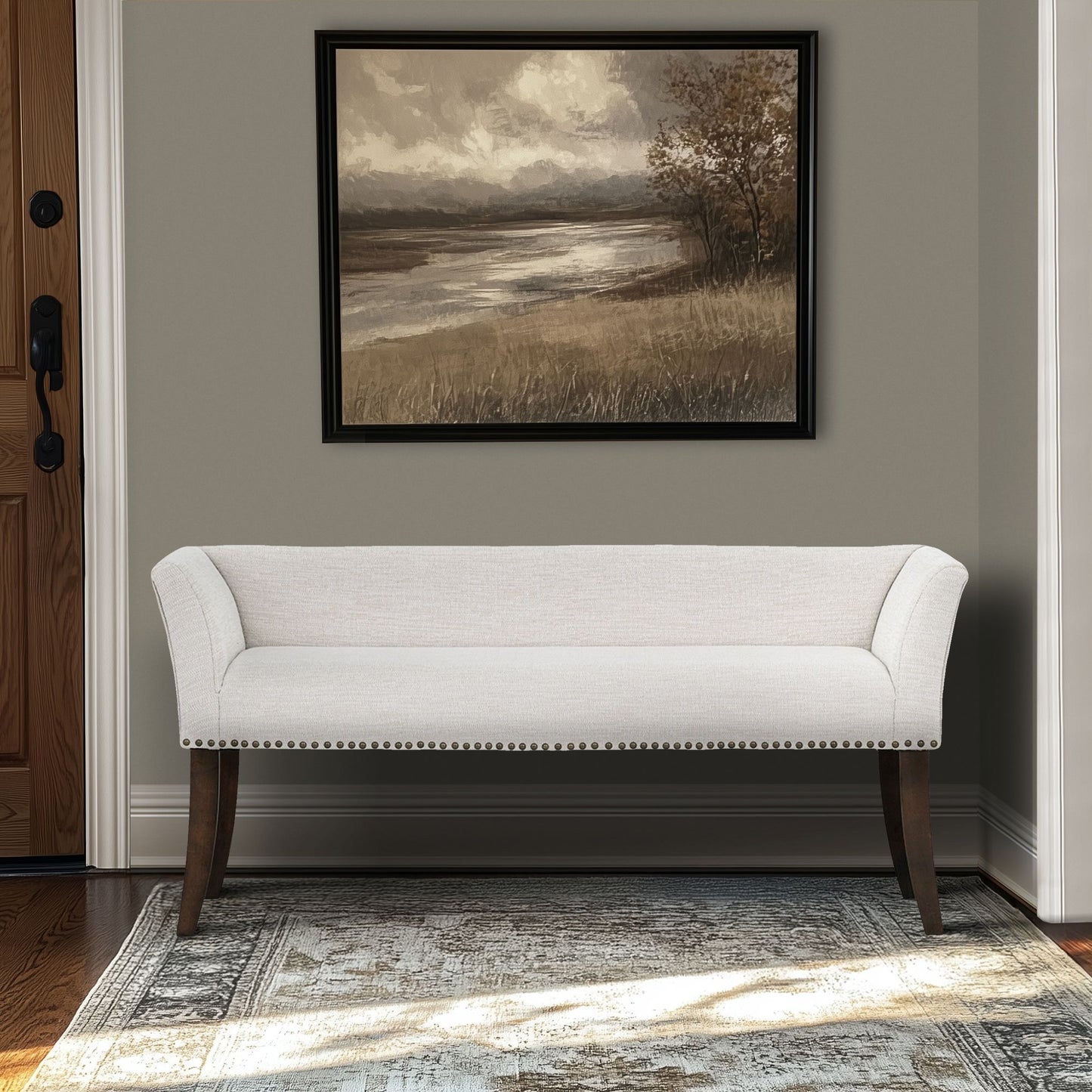 Madison Park 49.5" Upholstered Bench with Back & Wood Legs