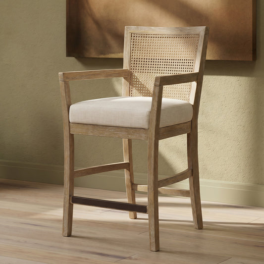 Diedra Reclaimed Wood Counter Stool with Natural Rattan Back and Upholstered Seat
