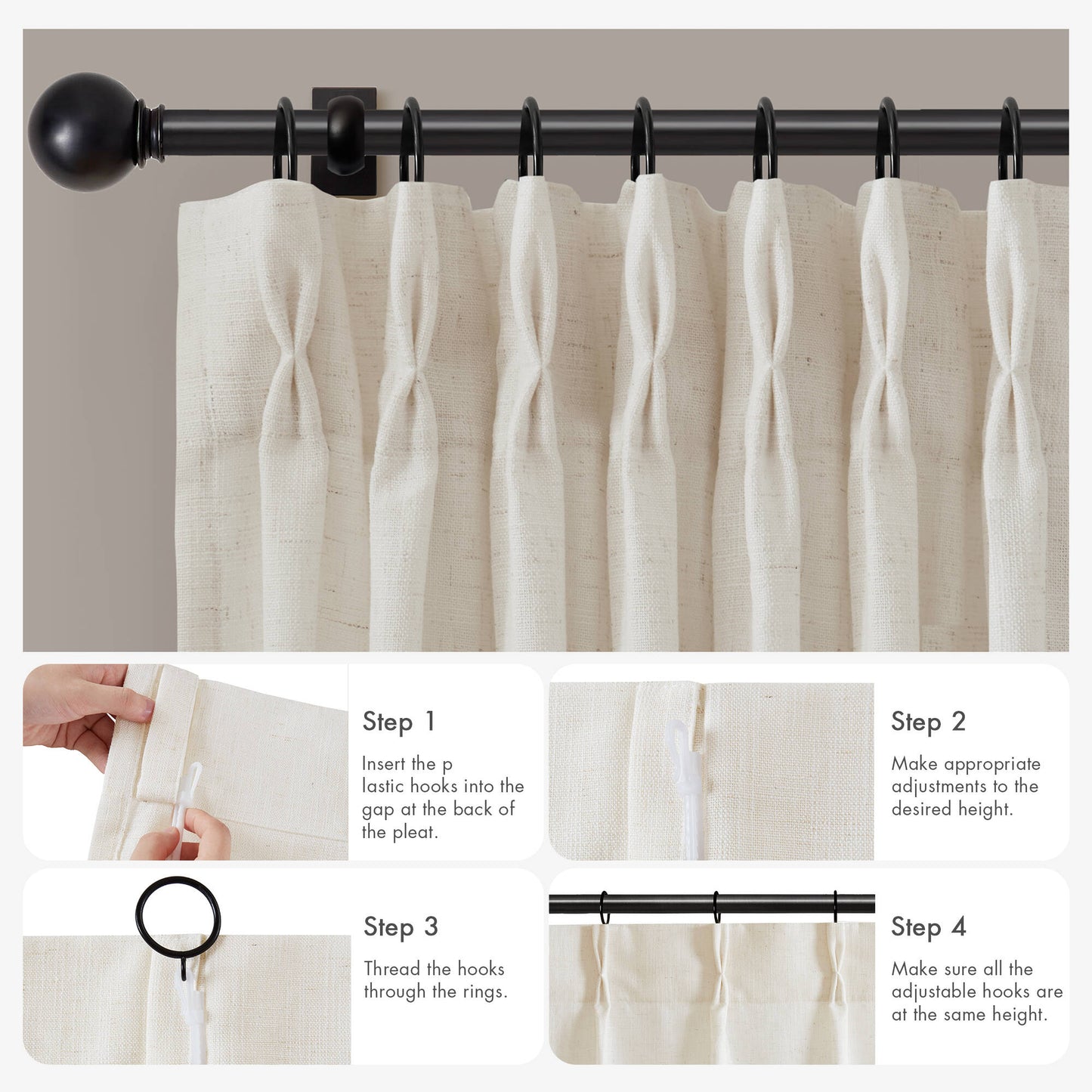 Emery 300gsm poly linen with 7 pinch pleat per pc