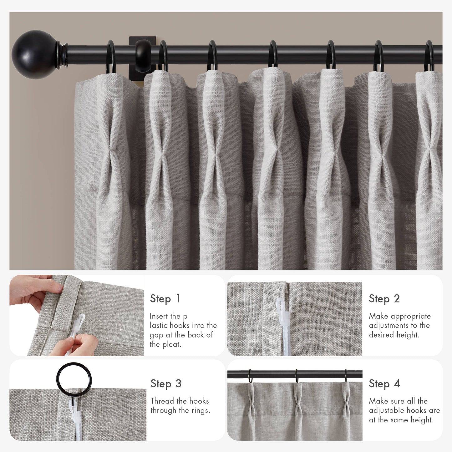 Emery 300gsm poly linen with 7 pinch pleat per pc