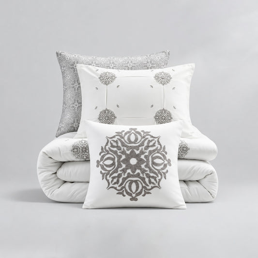 Malia 4-Piece Embroidered Cotton Reversible Duvet Cover Set