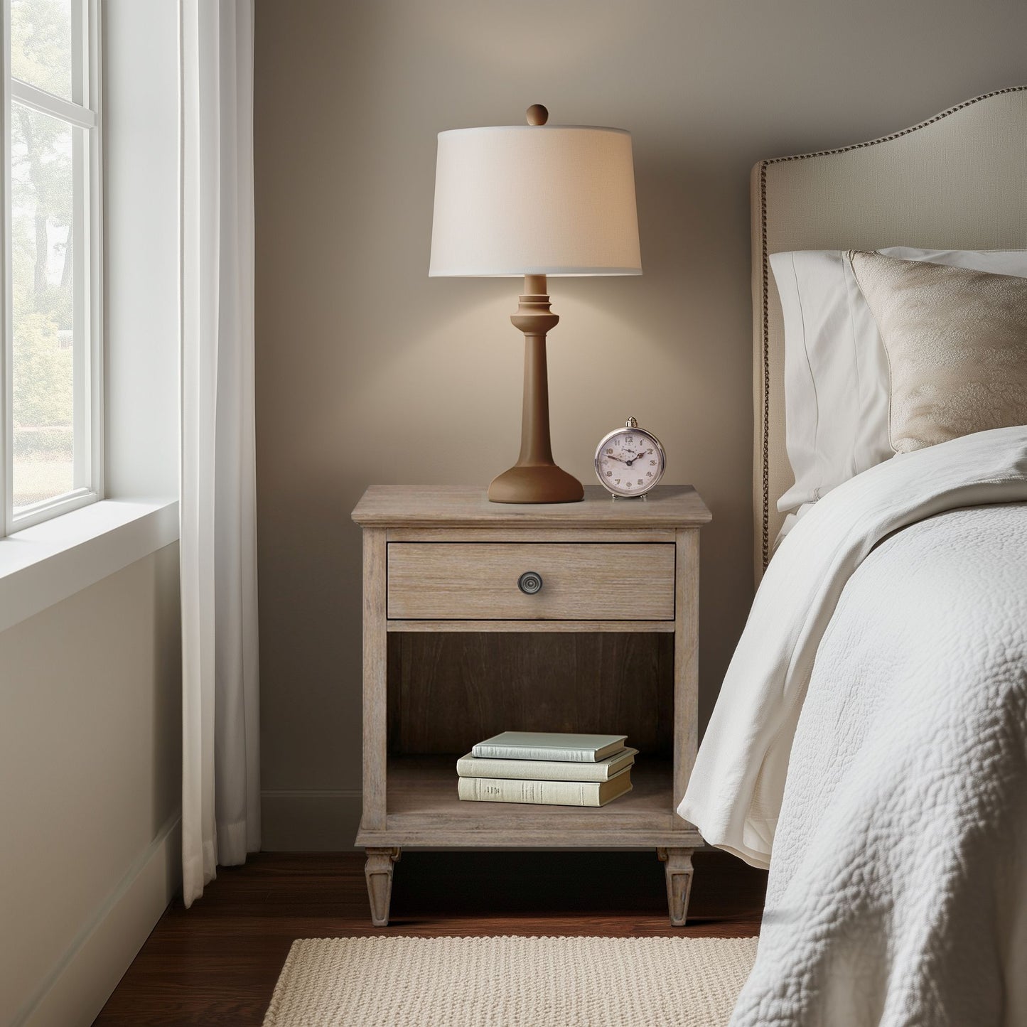 Victoria one-drawer wood nightstand with shelf