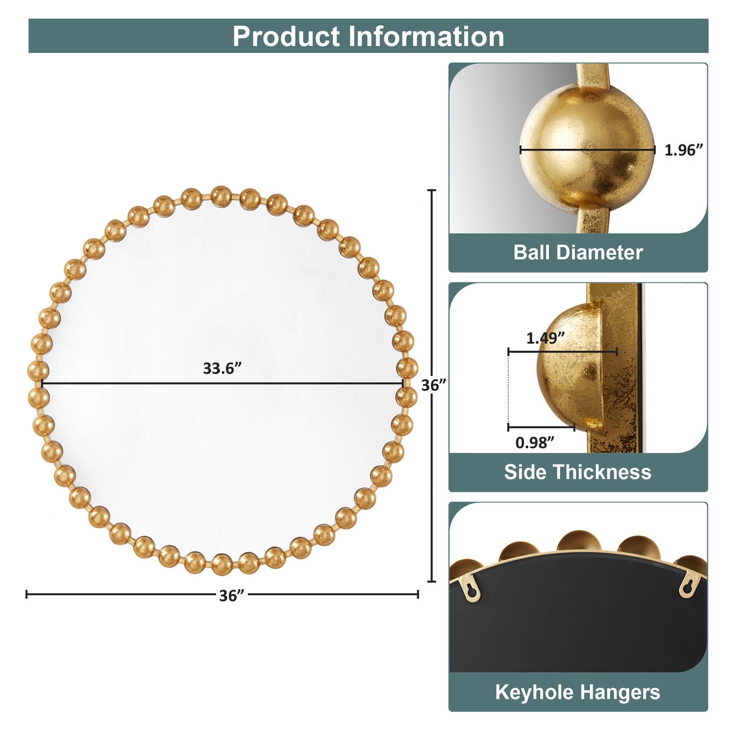 Madison Park Signature 36" Large Decorative Round Wall Mirror with Beaded Metal Frame