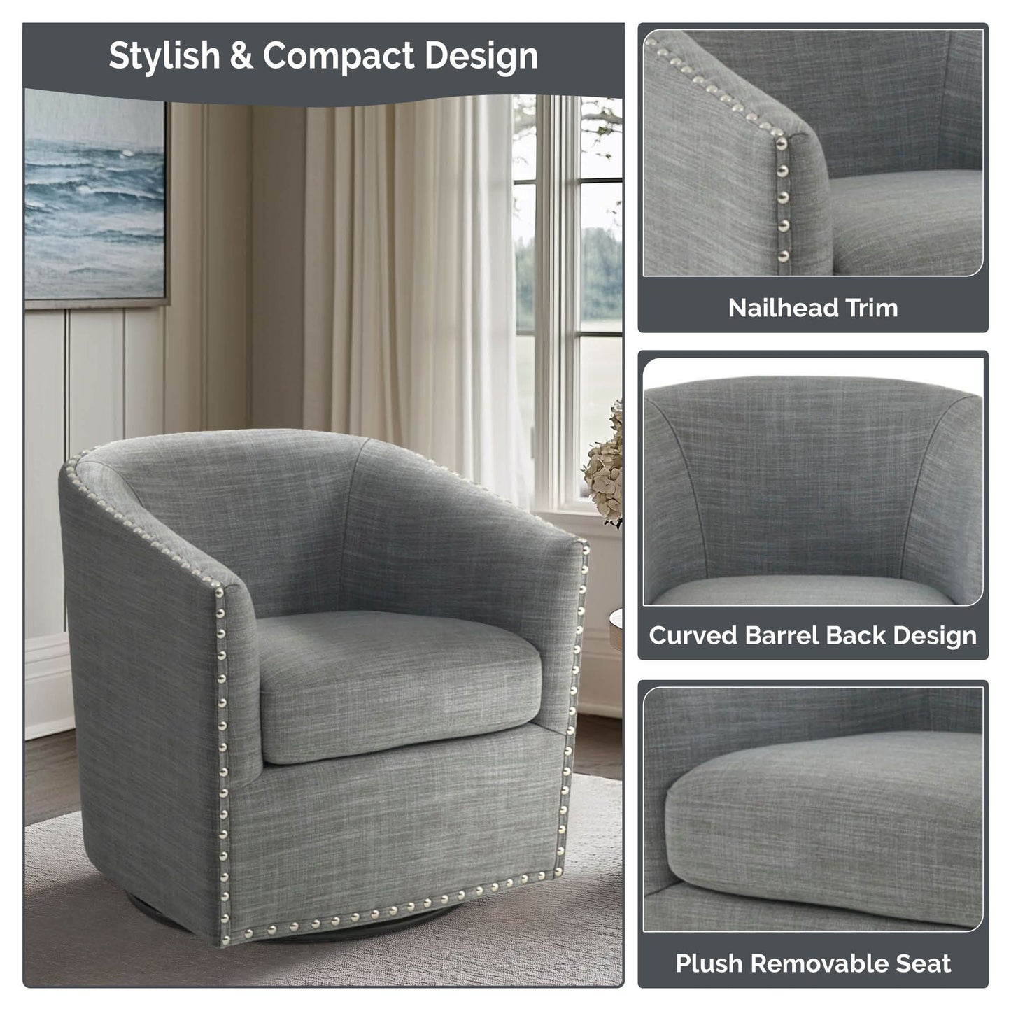 Madison Park Tyler Upholstered Swivel Barrel Chair with Nailheads