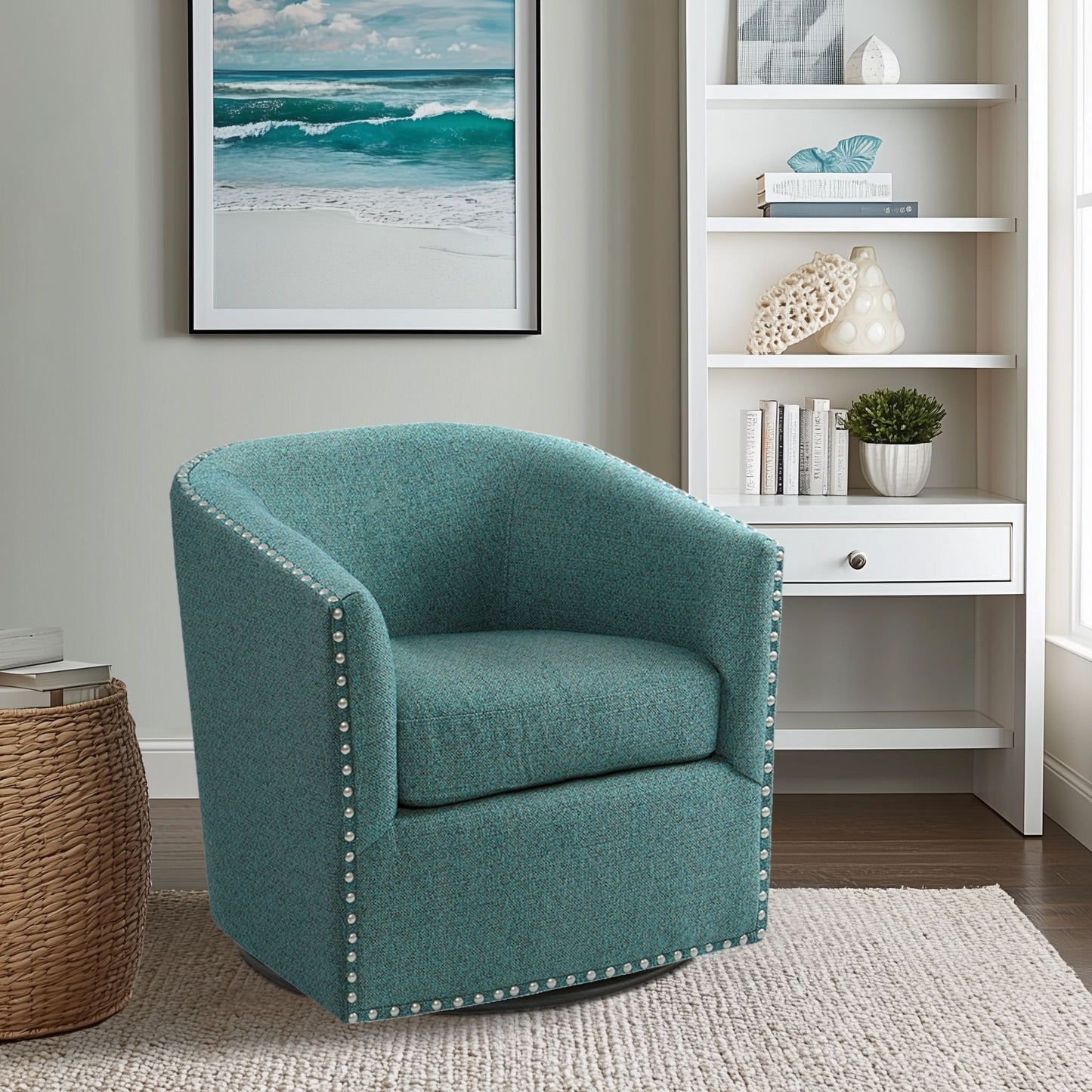 Madison Park Tyler Upholstered Swivel Barrel Chair with Nailheads