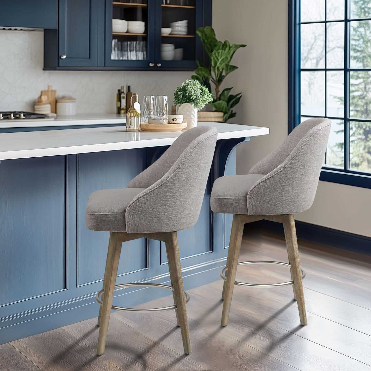 Madison Park Pearce Swivel Upholstered Counter Stool with Solid Wood Legs & Metal Footrest