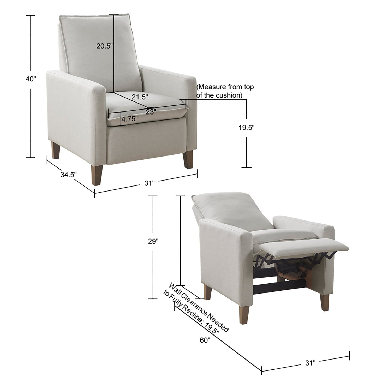 Madison Park Upholstered Manual Push Back Recliner