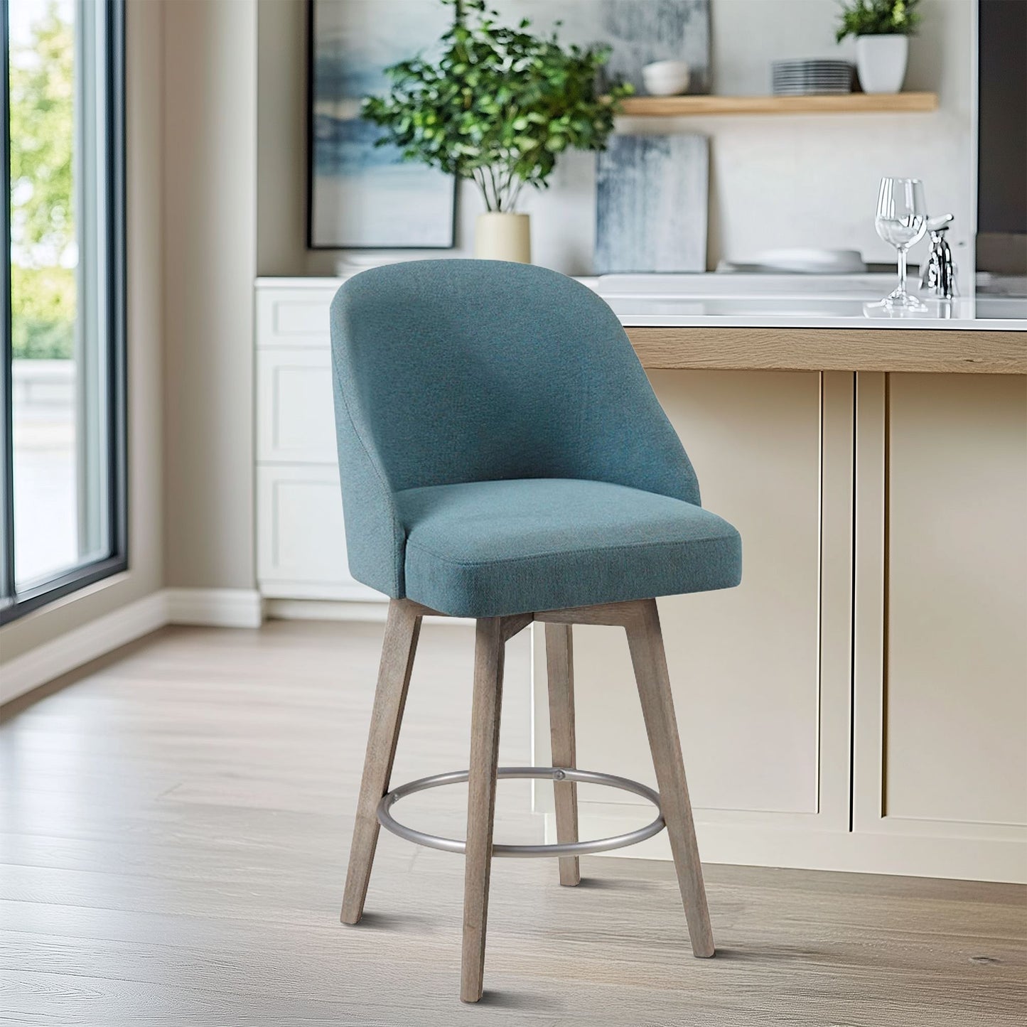 Madison Park Pearce Swivel Upholstered Counter Stool with Solid Wood Legs & Metal Footrest