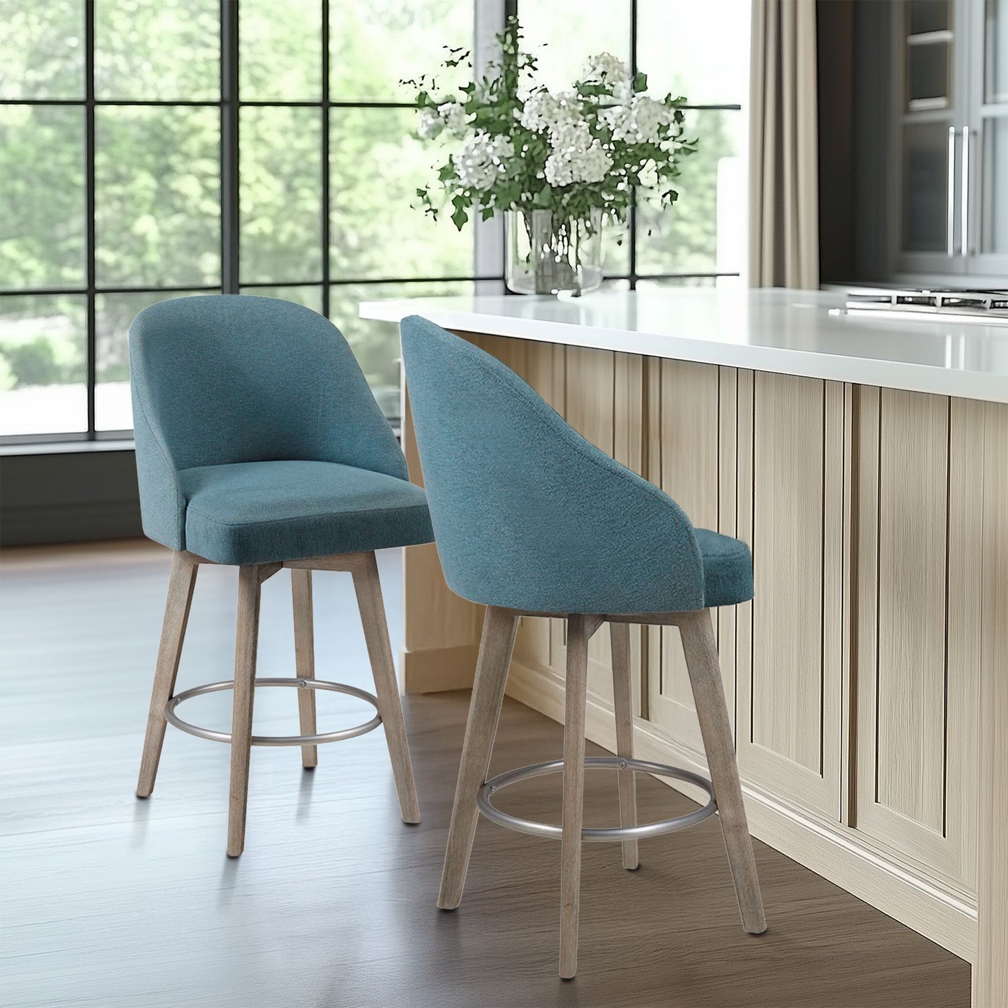 Madison Park Pearce Swivel Upholstered Counter Stool with Solid Wood Legs & Metal Footrest