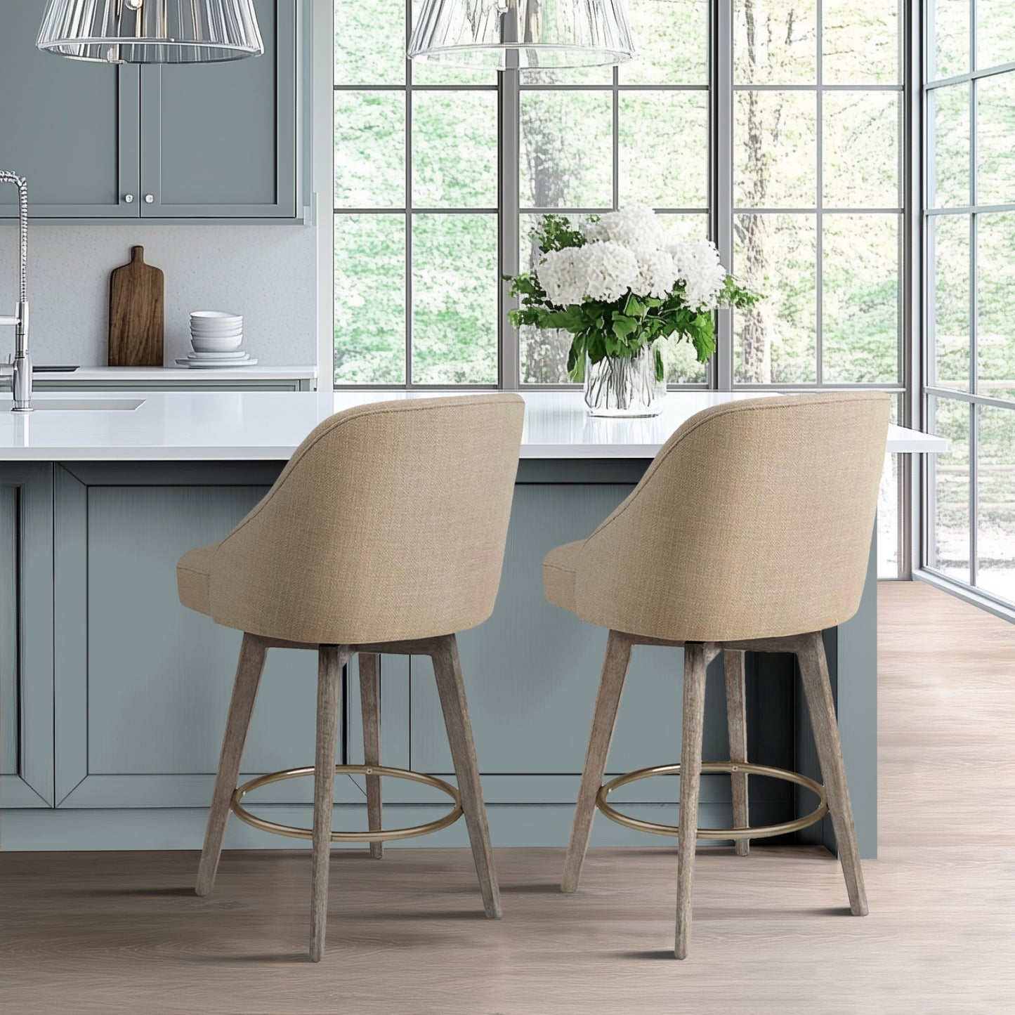 Madison Park Pearce Swivel Upholstered Counter Stool with Solid Wood Legs & Metal Footrest
