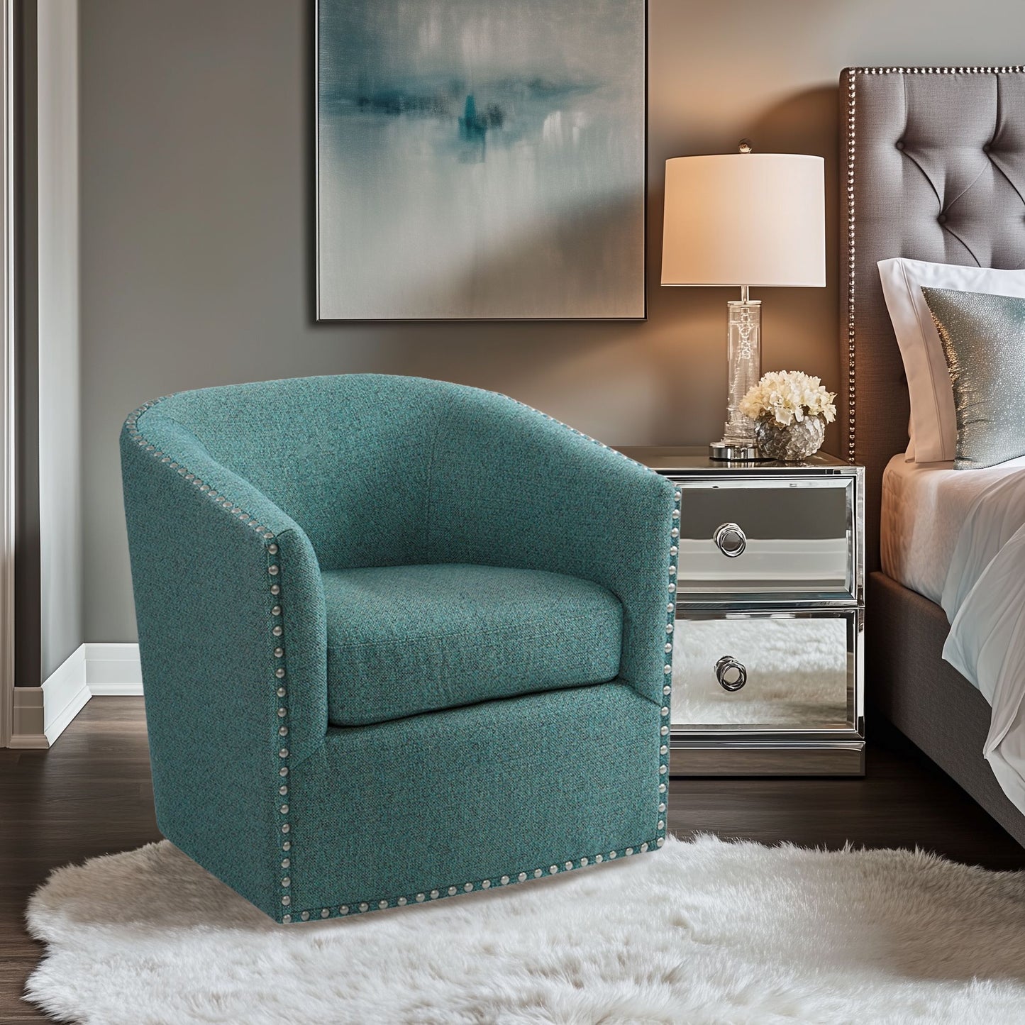 Madison Park Tyler Upholstered Swivel Barrel Chair with Nailheads
