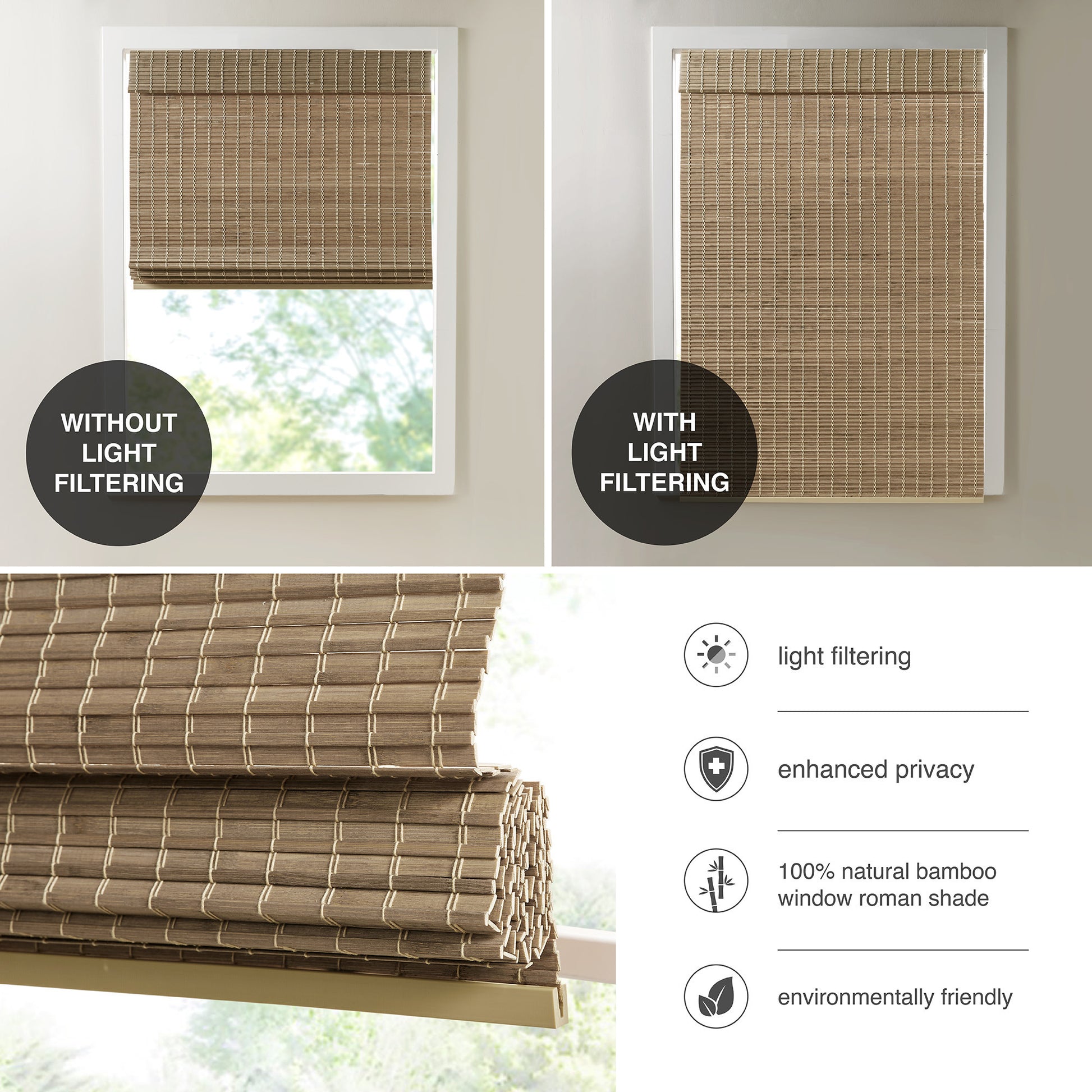 Madison Park Bamboo Light Filtering Roman Shade 64"L