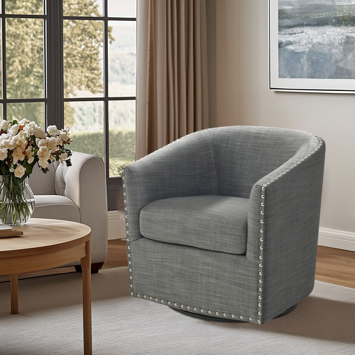 Madison Park Tyler Upholstered Swivel Barrel Chair with Nailheads