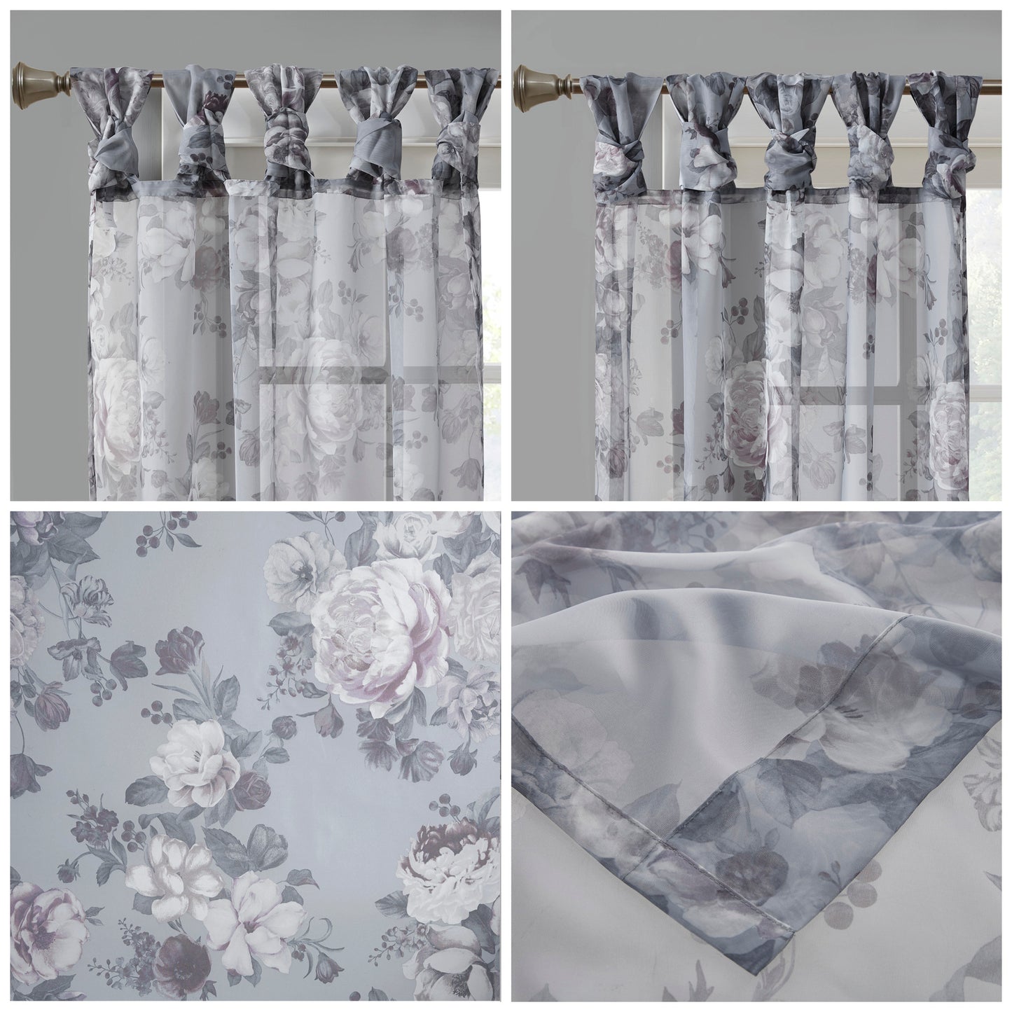 Madison Park Printed Floral Twist Tab Top Voile Sheer Curtain