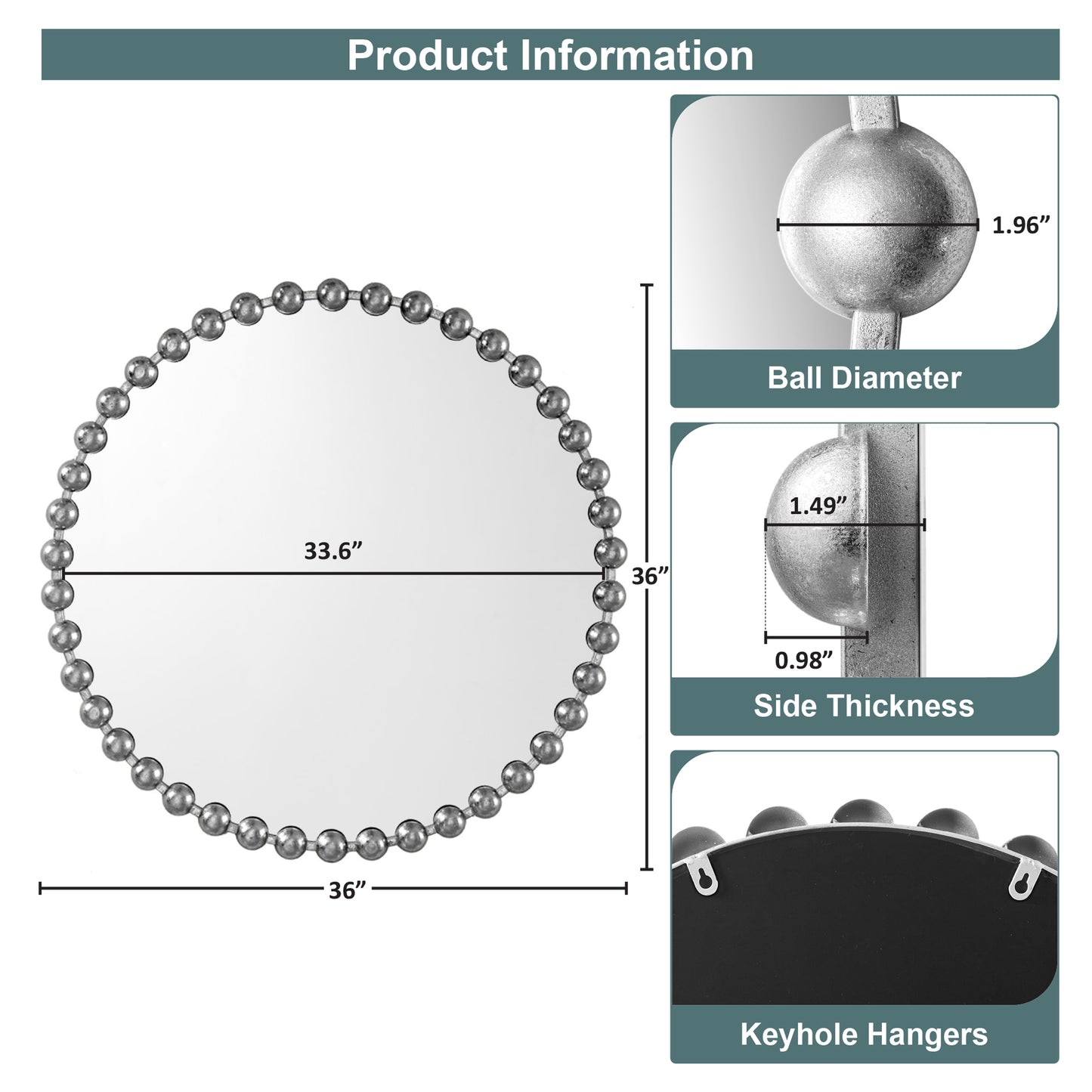 Madison Park Signature 36" Large Decorative Round Wall Mirror with Beaded Metal Frame
