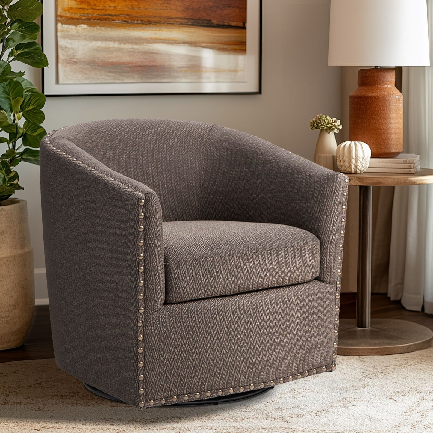 Madison Park Tyler Upholstered Swivel Barrel Chair with Nailheads