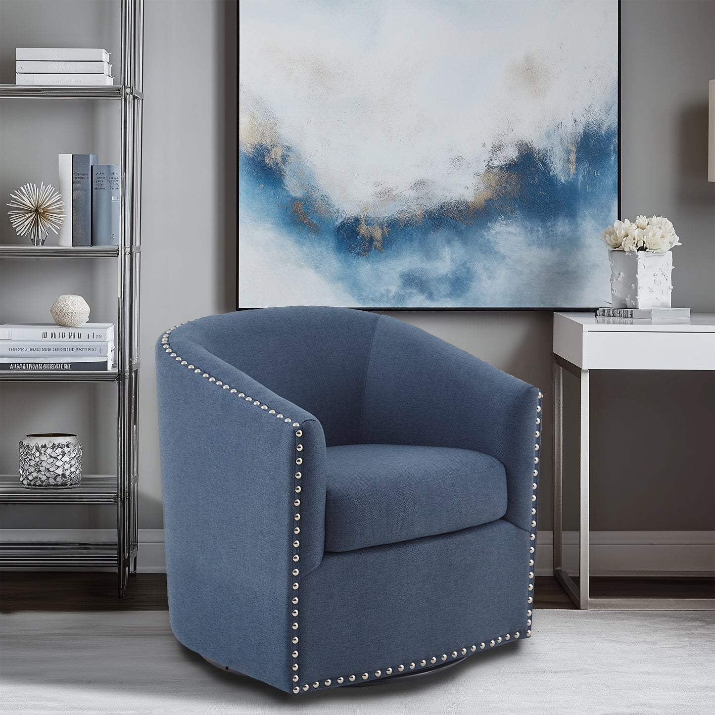 Madison Park Tyler Upholstered Swivel Barrel Chair with Nailheads
