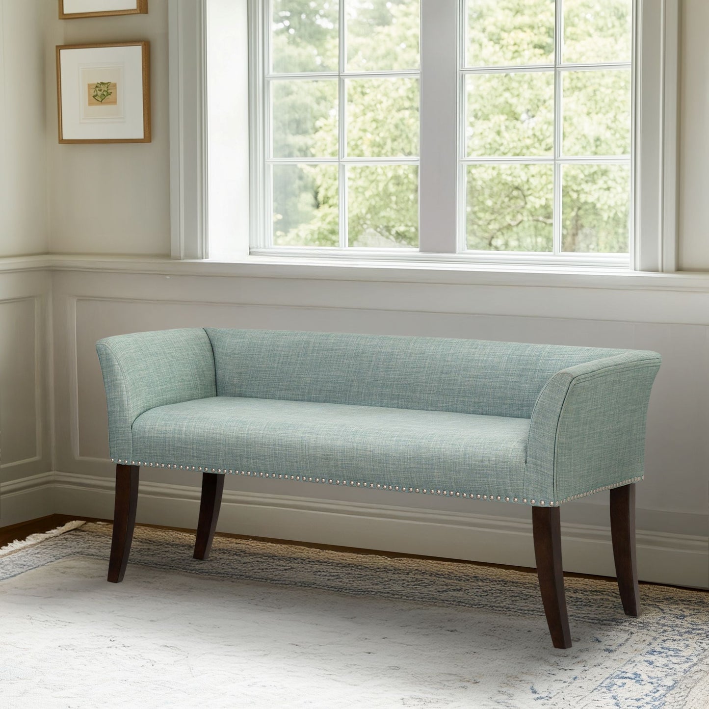 Madison Park 49.5" Upholstered Bench with Back & Wood Legs