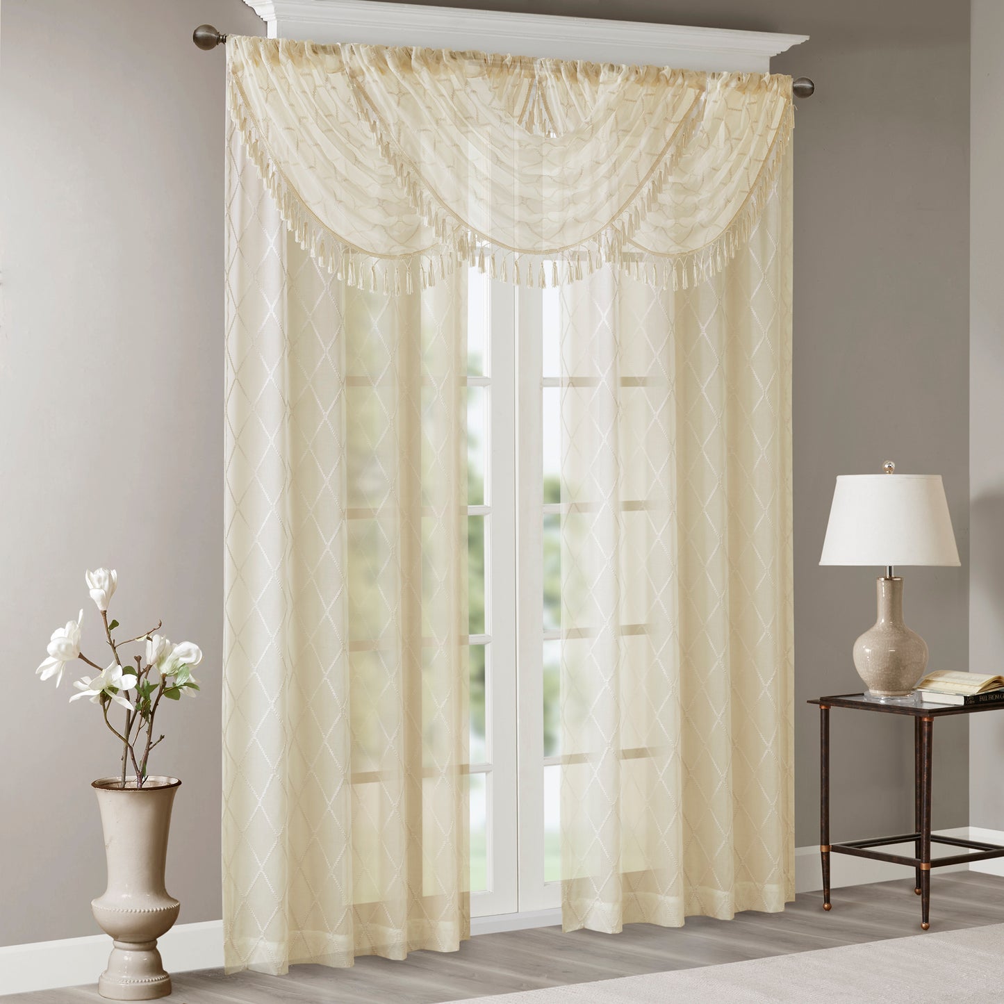 Madison Park Diamond Sheer Embroidered Waterfall Valance