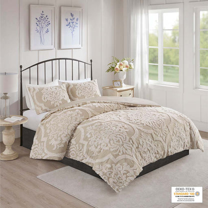 Madison Park 3 piece Tufted Cotton Chenille Damask Comforter Set