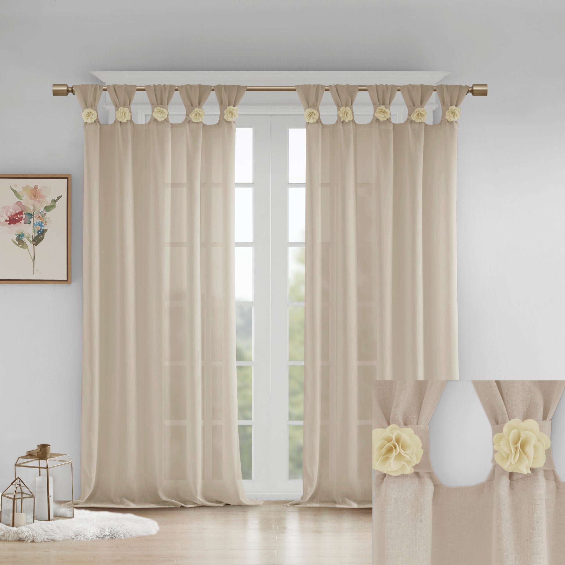 Madison Park Floral Embellished Cuff Tab Top Solid Curtain Panel