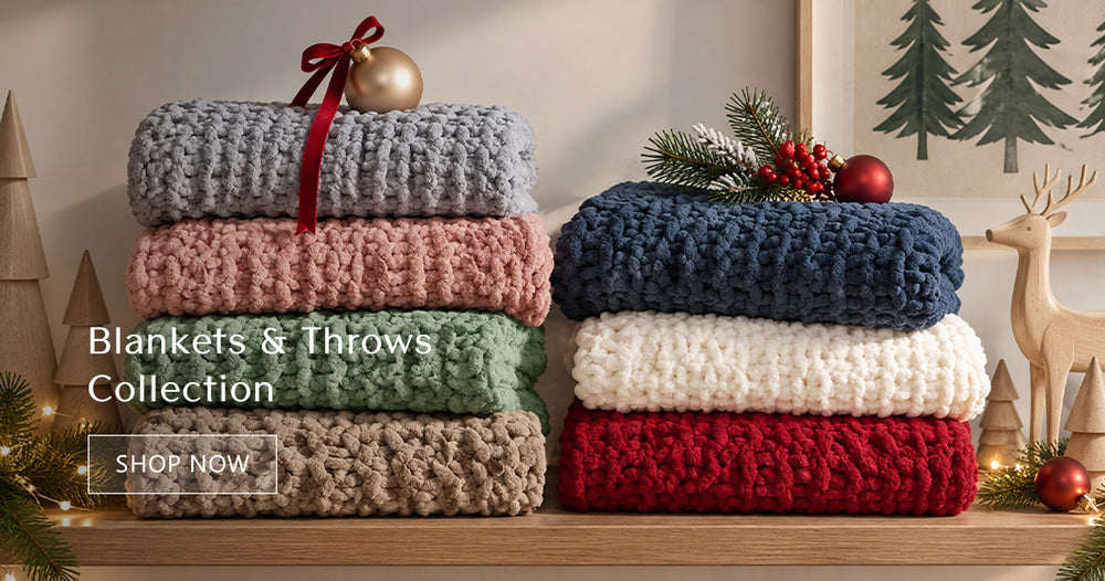 Blankets & Throws Collection homepage banner. Chunky knit chenille throws, handmade, 100% polyester chenille, OEKO-TEX certified, available in multiple colors. Links to blankets and throws category page.